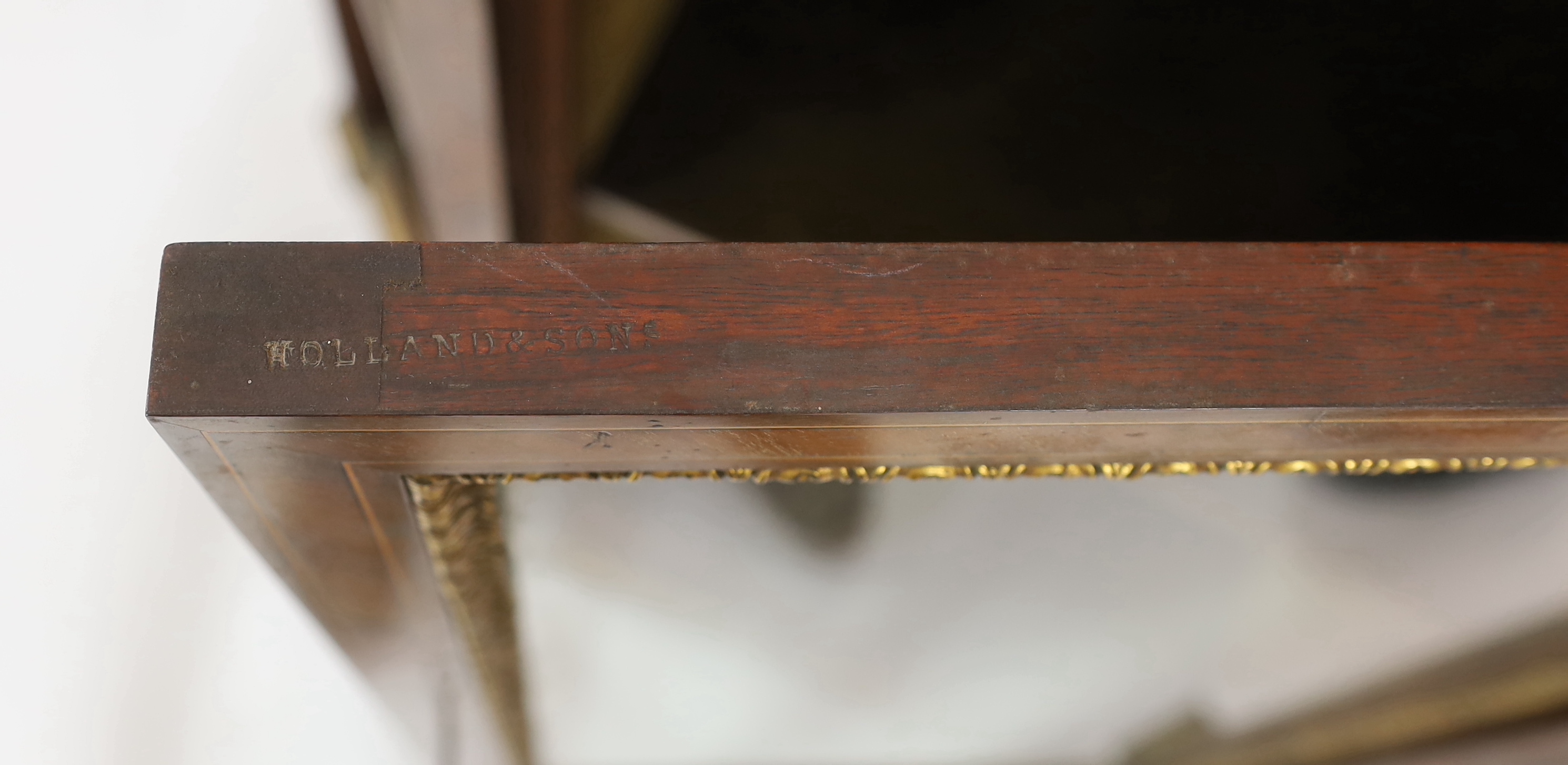 An unusual Anglo-Japanese inlaid mahogany standing corner cabinet, by Holland & Sons, c.1880, width 98cm, height 258cm